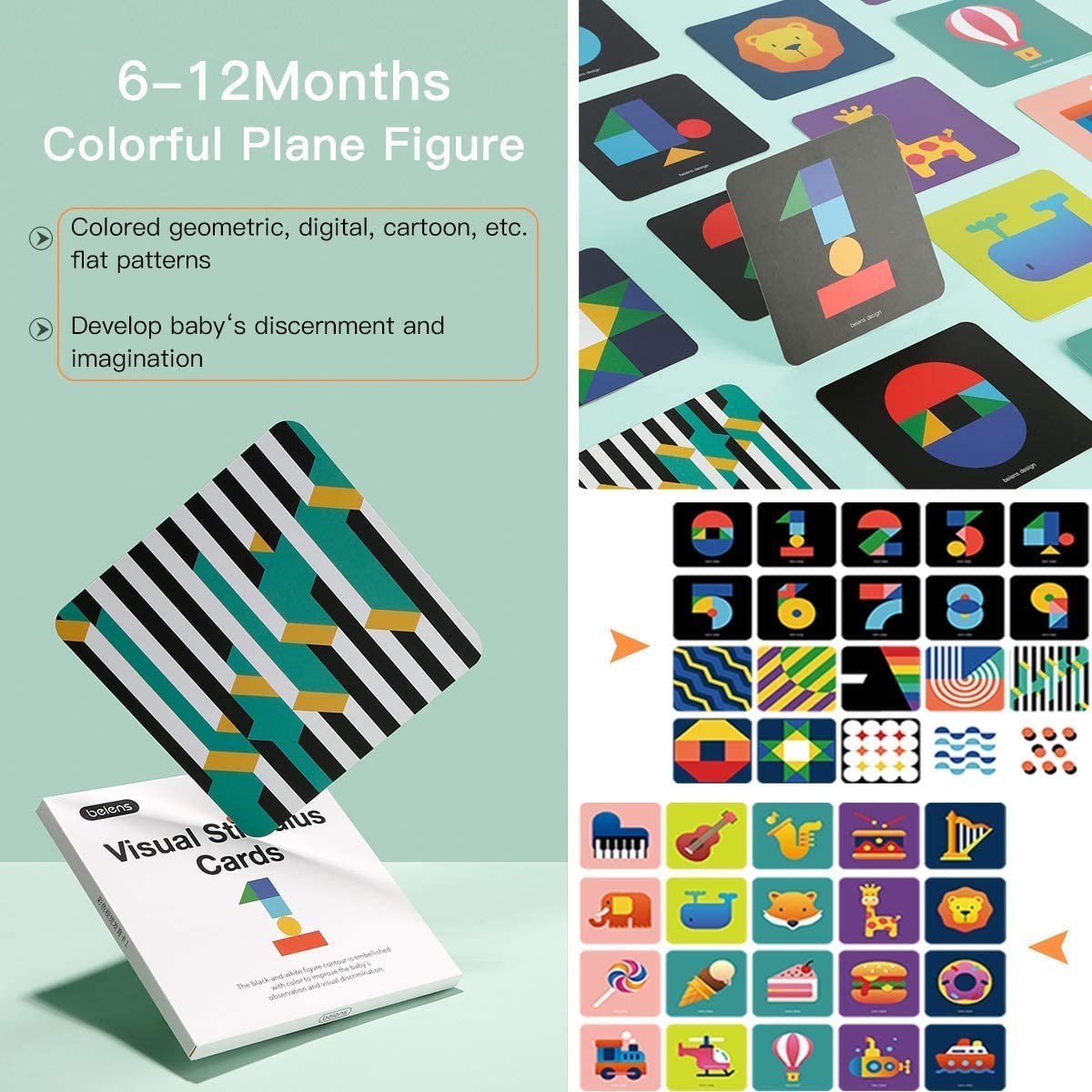 beiens High Contrast Baby Flashcard, 80 Pcs 160 Page Black White Colorful Visual Stimulation Learning Activity Card for Babies Ages 0-3-6-12-36