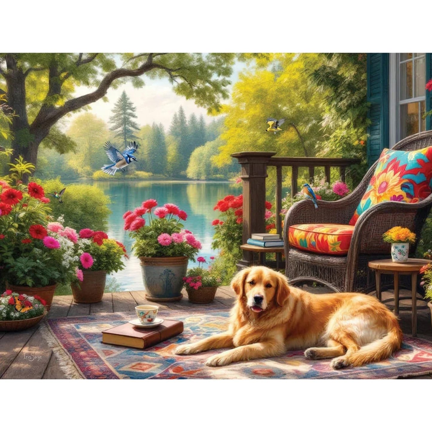 Bits and Pieces 300 Piece Puzzles for Adults - Porchside Tranquility - 300 Large Pieces 18" x 24" Jigsaw Puzzles, Golden Retriever Dog Lake, No 2