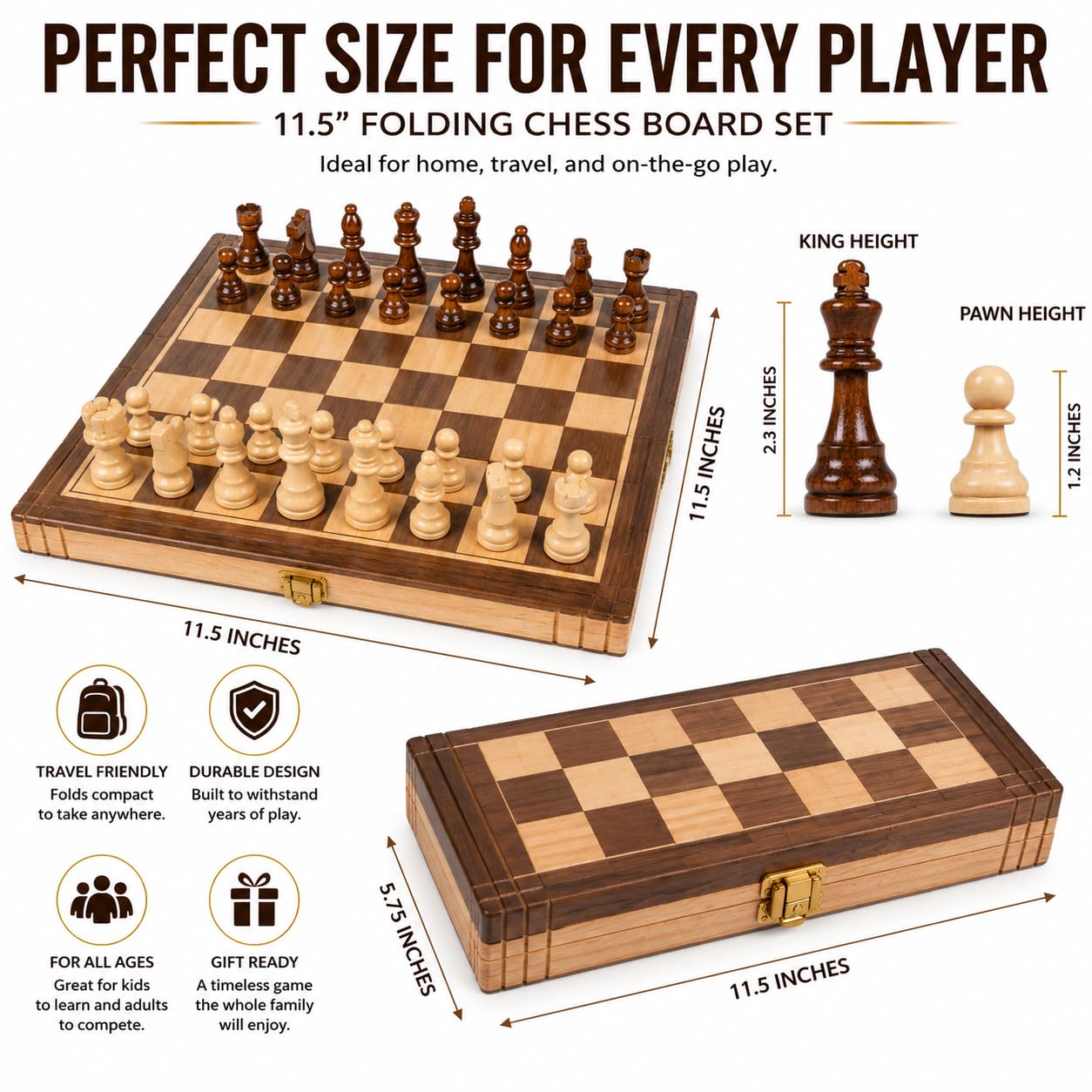 Wooden Chess Set, 11" Folding Travel Chess Board Game for Adults and Kids Portable Classic Chess Board with Solid Wood Pieces & Storage, Beginner