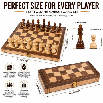 Wooden Chess Set, 11" Folding Travel Chess Board Game for Adults and Kids Portable Classic Chess Board with Solid Wood Pieces & Storage, Beginner