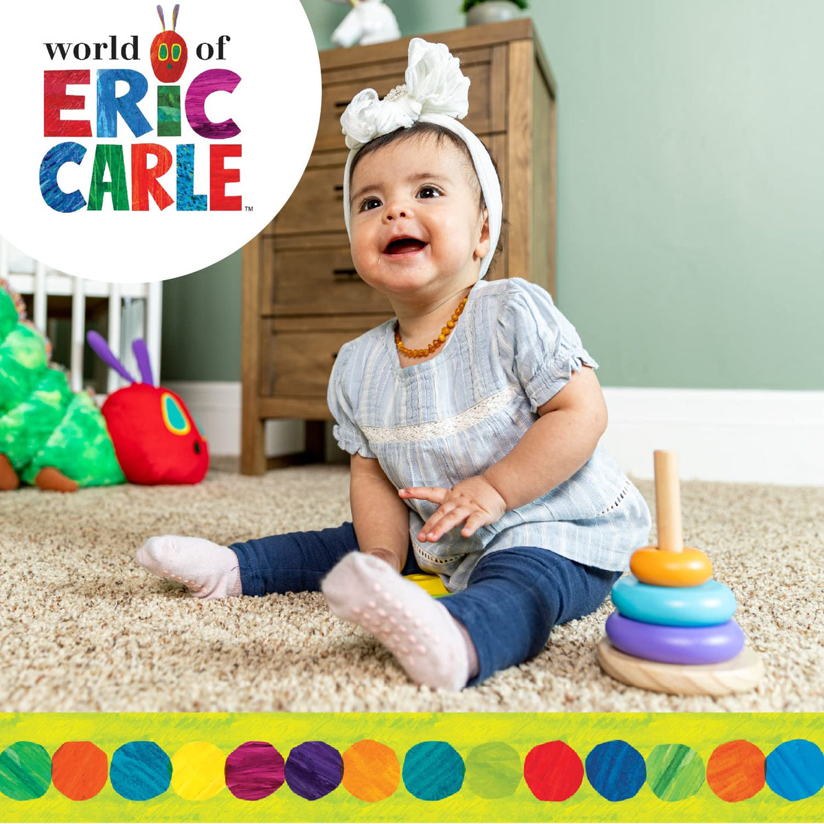 World of Eric Carle, The Very Hungry Caterpillar Wooden Stacker with Colorful Rainbow Rings, 7 Inch Stacking Solid Wood Educational Developmental Toy