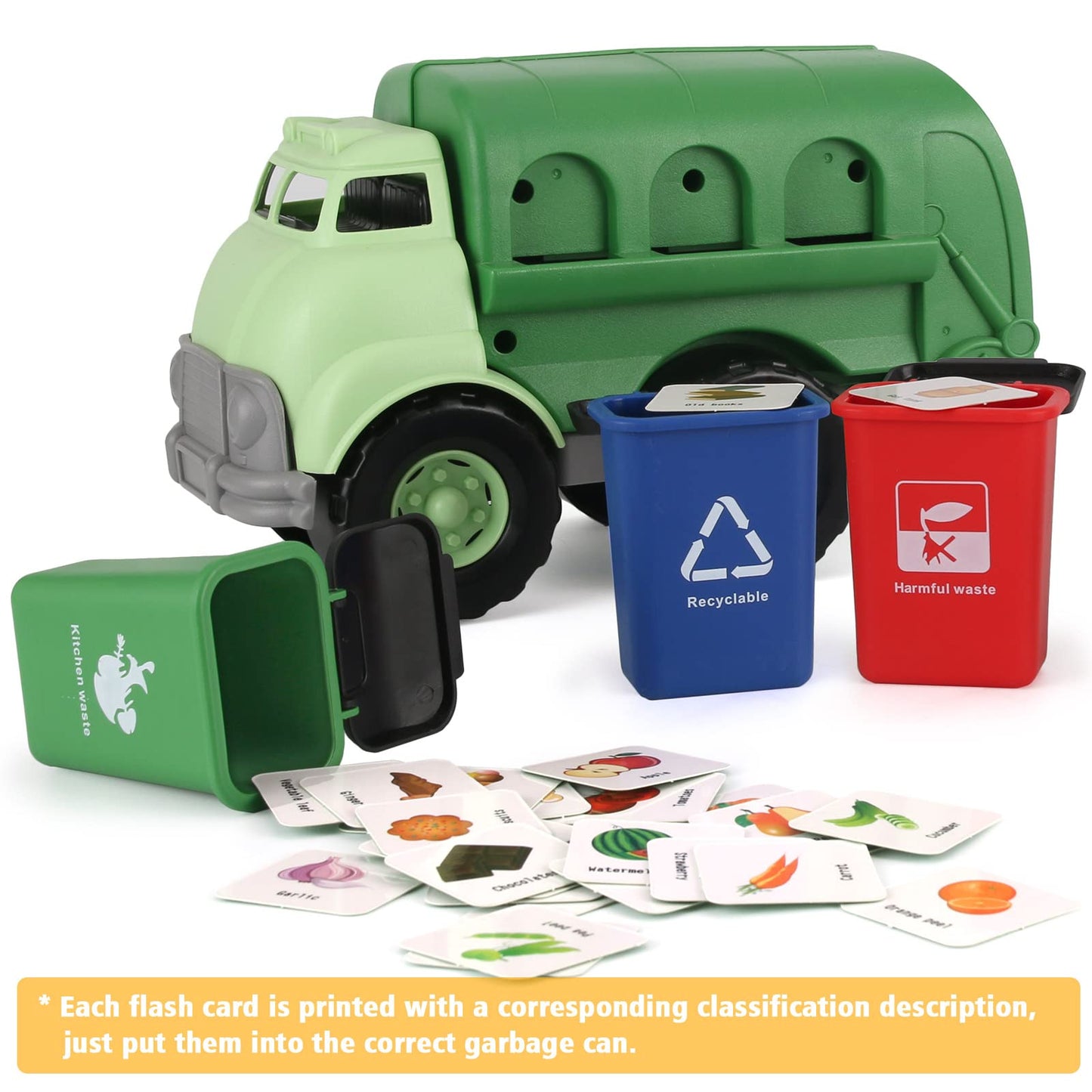 Liberty Imports Big Plastic Garbage Truck Toy, Waste Management Recycling Green Dump Vehicle with 4 Trash Cans and Recycle Sorting Cards for Little