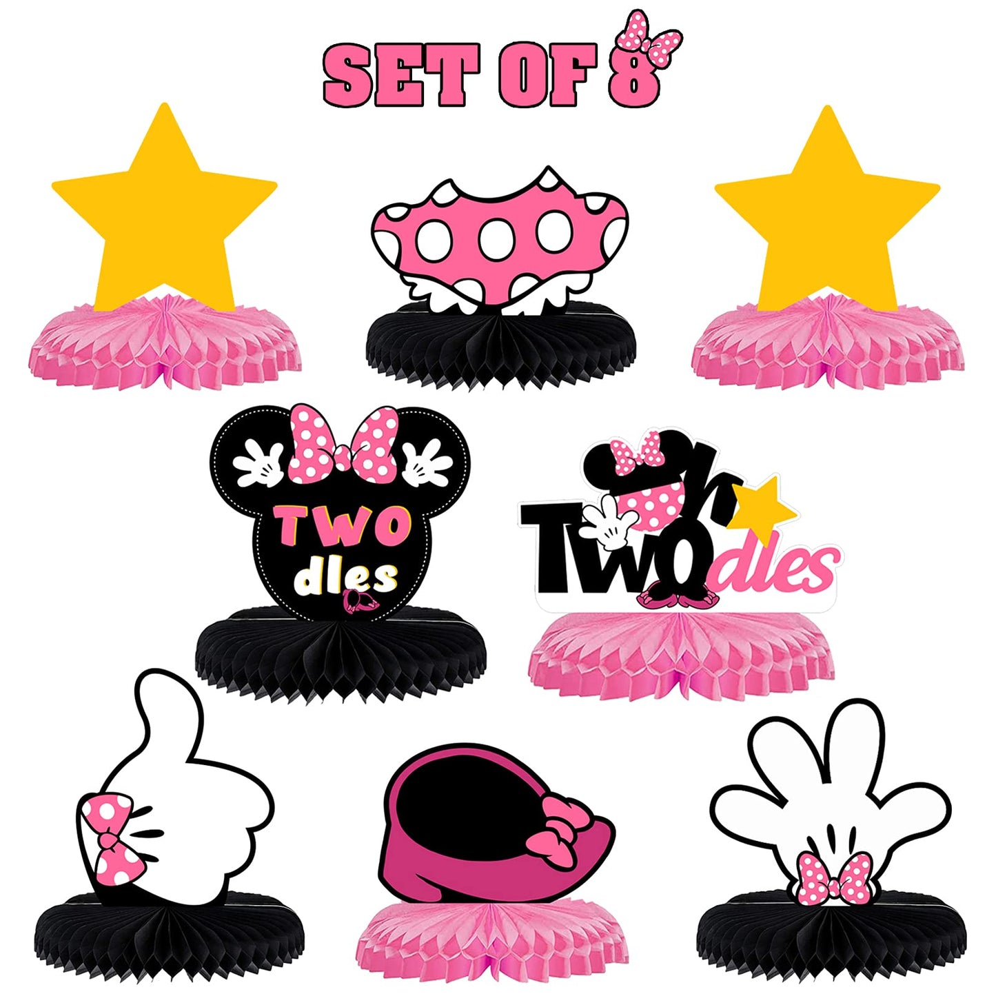 LINGTEER Oh Twodles Birthday Table Honeycomb Centerpieces - Cheers to Girls 2nd Birthday Kids Two Years Old Mouse Themed Party Decorations Sign.