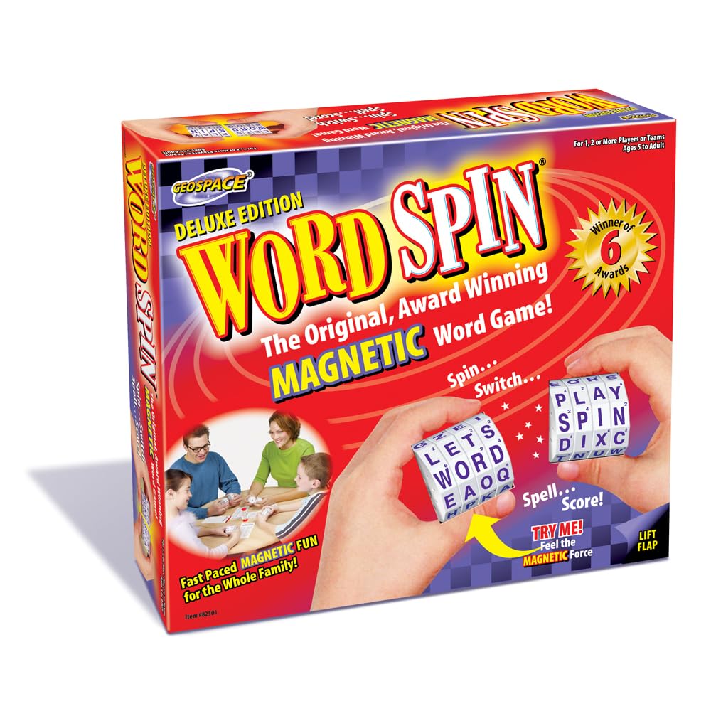 Geospace Word Spin Deluxe Family Edition for Adults & Kids - The Award Winning Magnetic Word Game with 20 Magnetic Spin Wheels, Timer & Score Pad