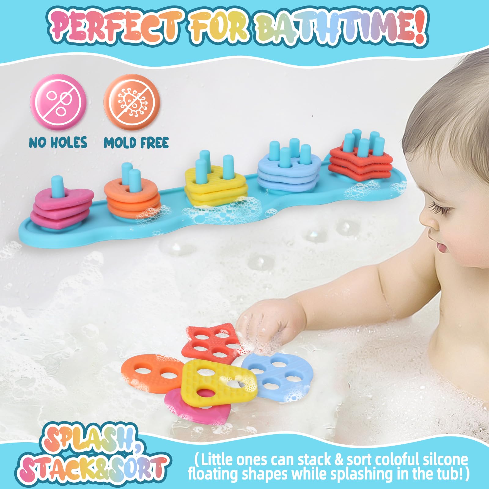 Baby Bath Toys, Mold Free Silcone Shape Sorting & Stacking Bath Toy Set with 20 Textured Floating Pieces, No Hole Design, Silicone Color & Shape