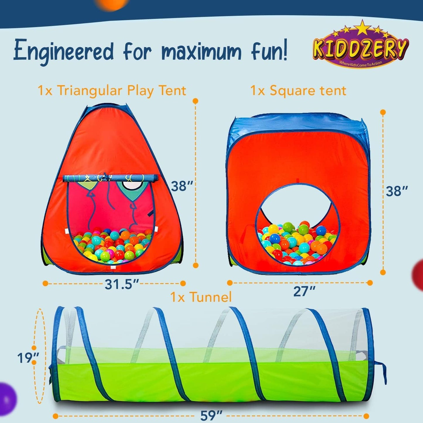 Kids Play Tent with 50 Balls - 3-Piece Tunnel & Ball Pit Combo - Indoor/Outdoor Pop-Up Set with Mesh Panels & Carry Bag