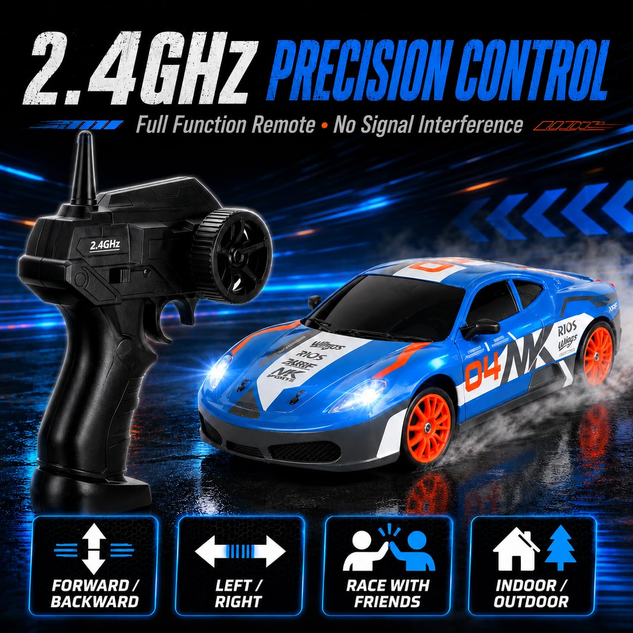 Liberty Imports RC Drift Car 1/24 2.4GHz 4WD Remote Control Sport Racing On-Road Vehicle with LED Light, Batteries and Drift Tires (Style 7)