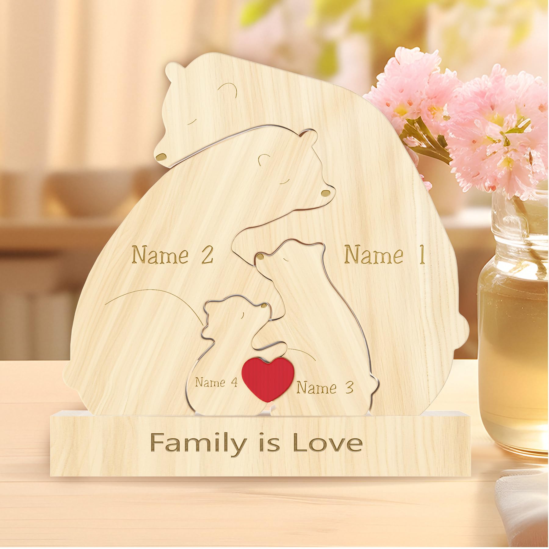 Personalized Wooden Bear Family Puzzle with 2-9 Names and a Base,Custom Made Wooden Bear Decoration, Suitable as a Birthday Gift for Mother's Day