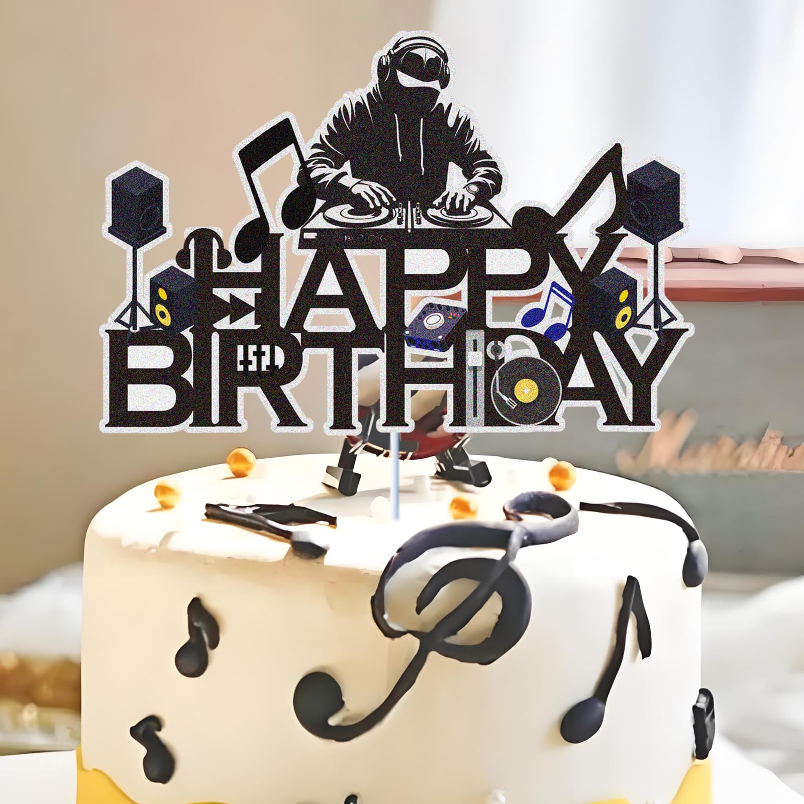 Dj Disco Happy Birthday Cake Topper Music Rock Disco Hip Hop Black Glitter Cake Decoration Carnival party Dj Disco Unisex adult Theme Birthday Party