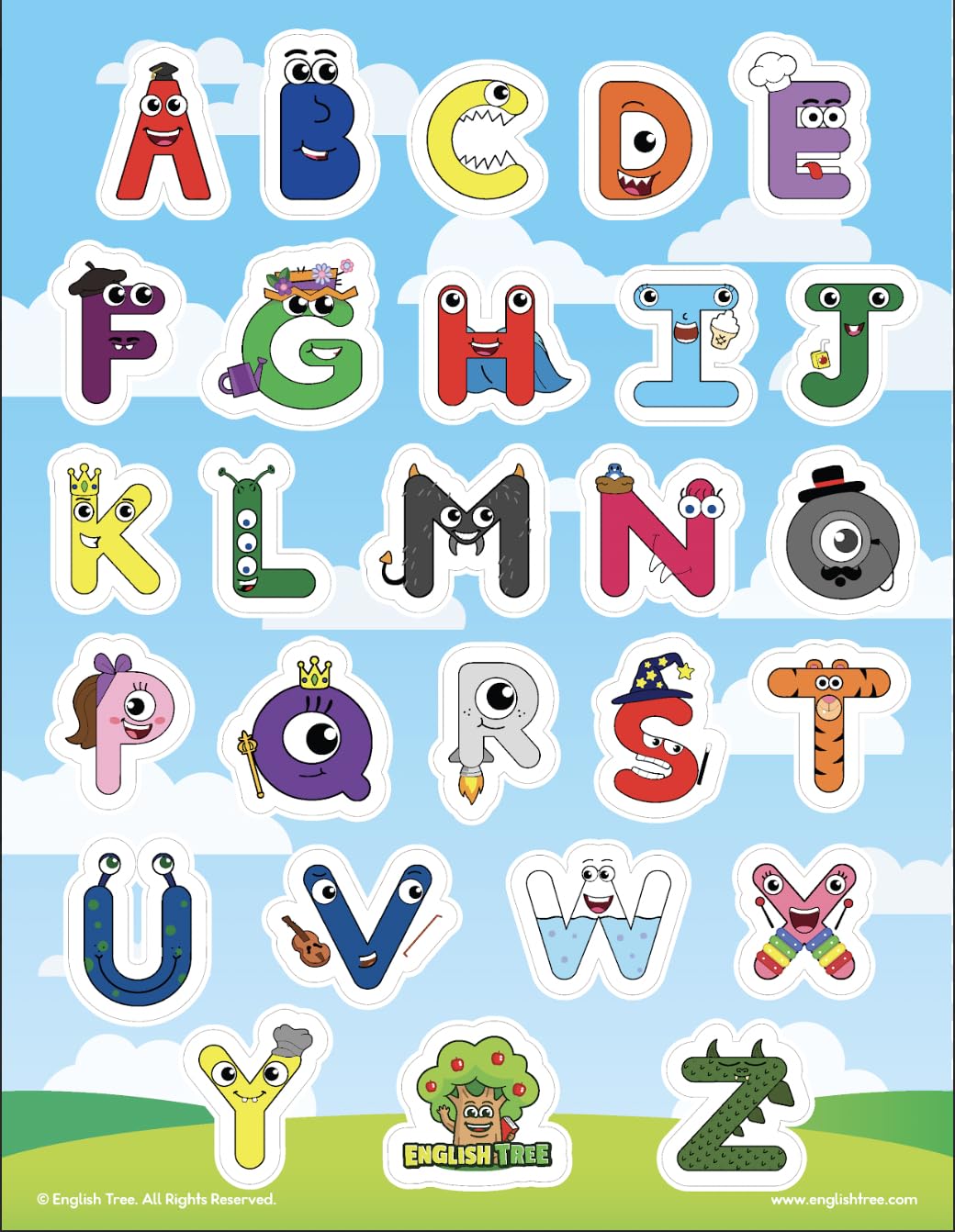 ENGLISH TREE Uppercase Alphabet Letter Stickers - Premium Uppercase Vinyl Stickers, Colorful Stickers for Kids, 8.5" x 11" x10 Sheets