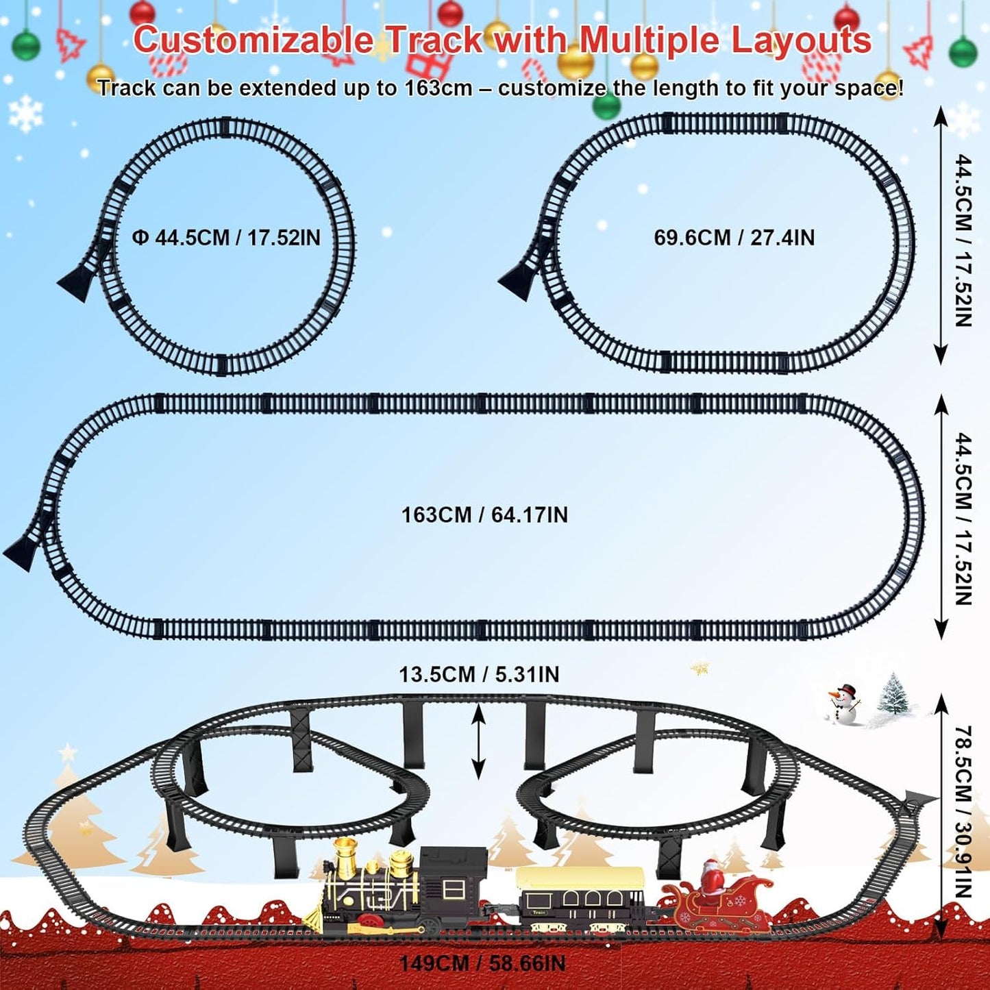 Electric Train Set with 3D Elevated Tracks Music, Locomotive Passenger Carriages, Lights & Quiet Mode Christmas Train for Kids Birthday Gift Holiday
