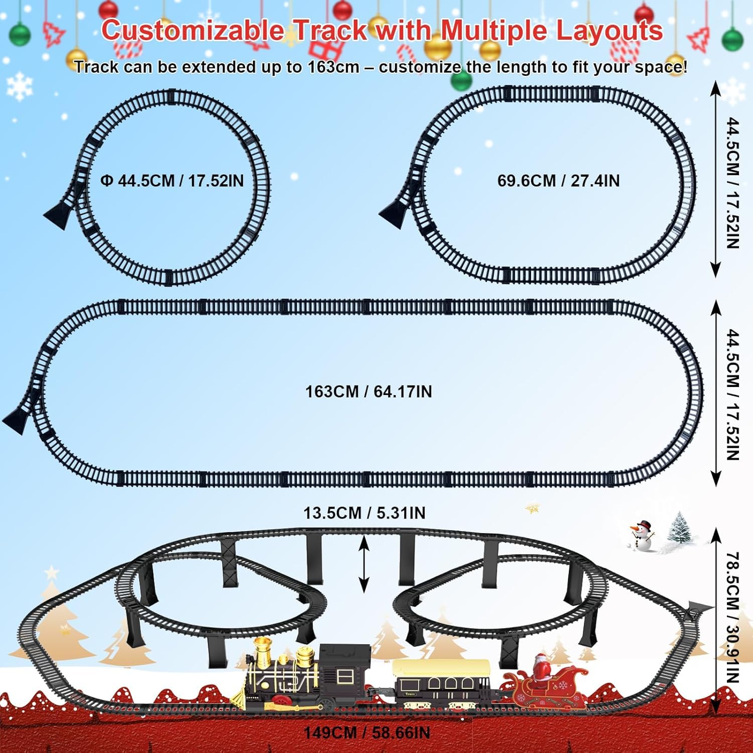 Electric Train Set with 3D Elevated Tracks Music, Locomotive Passenger Carriages, Lights & Quiet Mode Christmas Train for Kids Birthday Gift Holiday