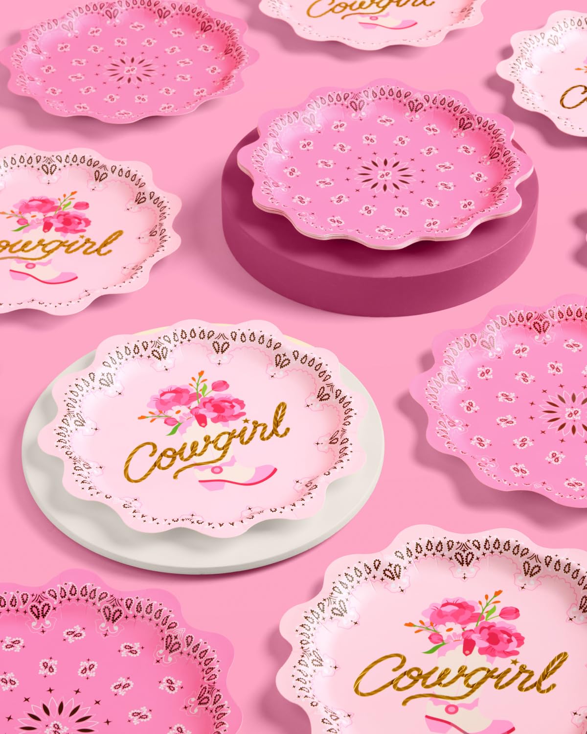 xo, Fetti Cowgirl Plates - 24 Paper Plates, 9" | Western Party, Cowgirl Theme, Bandana Birthday, Rodeo Bachelorette, Cowboy Decor, Pink, Gold Foil