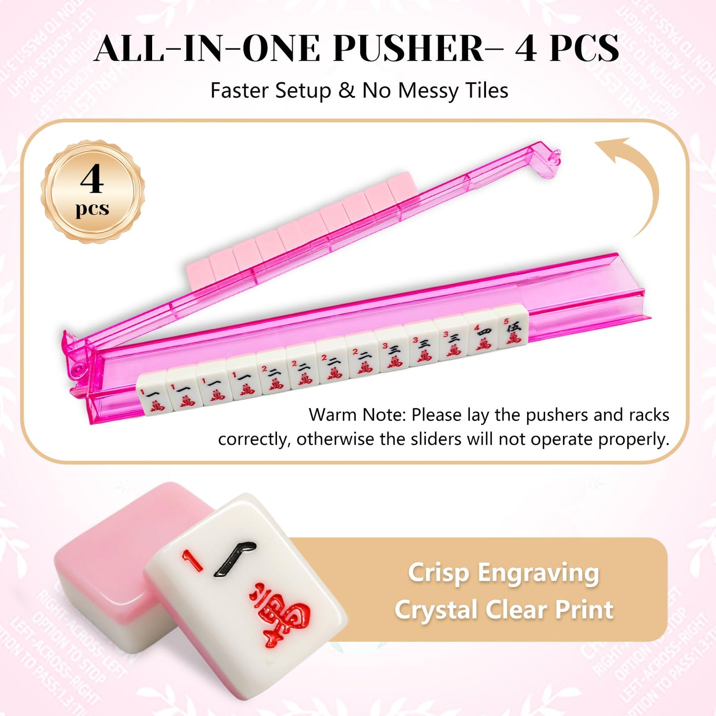 Roneenz American Mahjong Set with Mat and Racks - 166 Pink Tiles, 4 All-in-One Color Rack/Pushers, Chips & Dice, Pink Carrying Bag - Complete Portable