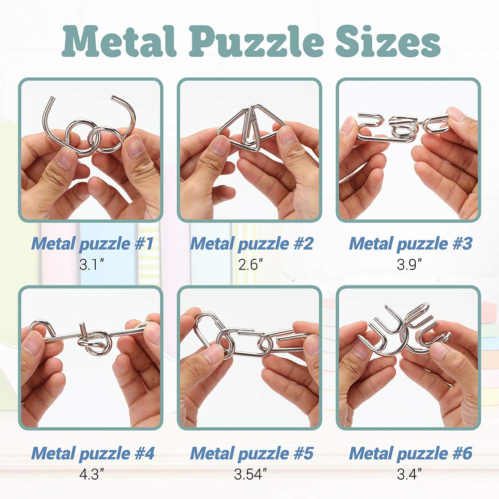 LESONG Brain Teasers Metal and Wooden Puzzles for Kids and Adults 9 Pack, Mind, IQ, and Logic Test and Handheld Disentanglement Games, 3D Coil Cast
