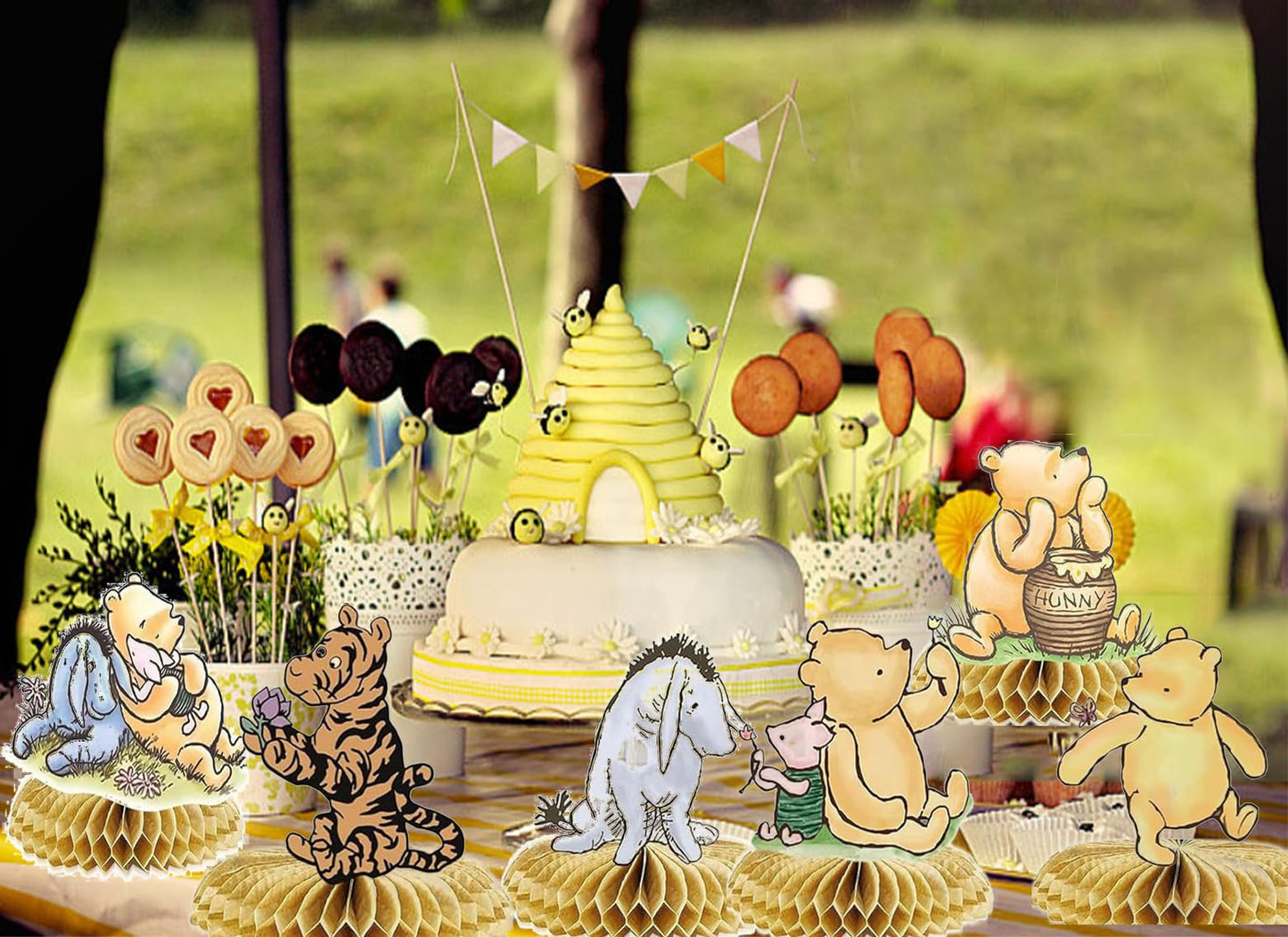9PCS Classic Winnie Centerpieces Decorations, Winnie Honeycomb Centerpieces for Birthday Party Baby Shower Decorations Table Centerpieces Table Topper