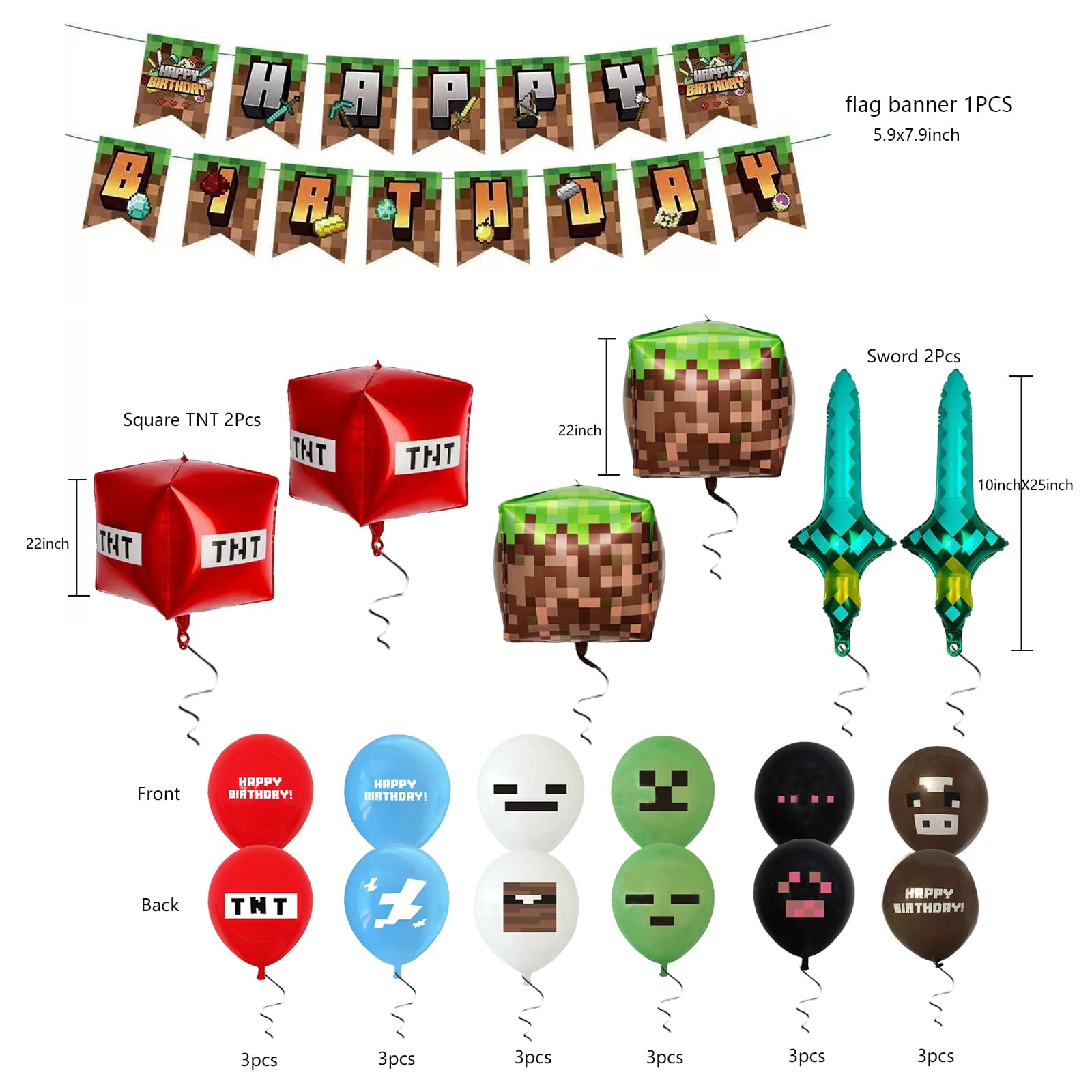 JamboRella Pixel Happy Birthday Decorations Party Favor Balloons with Banner ?Pixel Video Game Theme Party Supplies
