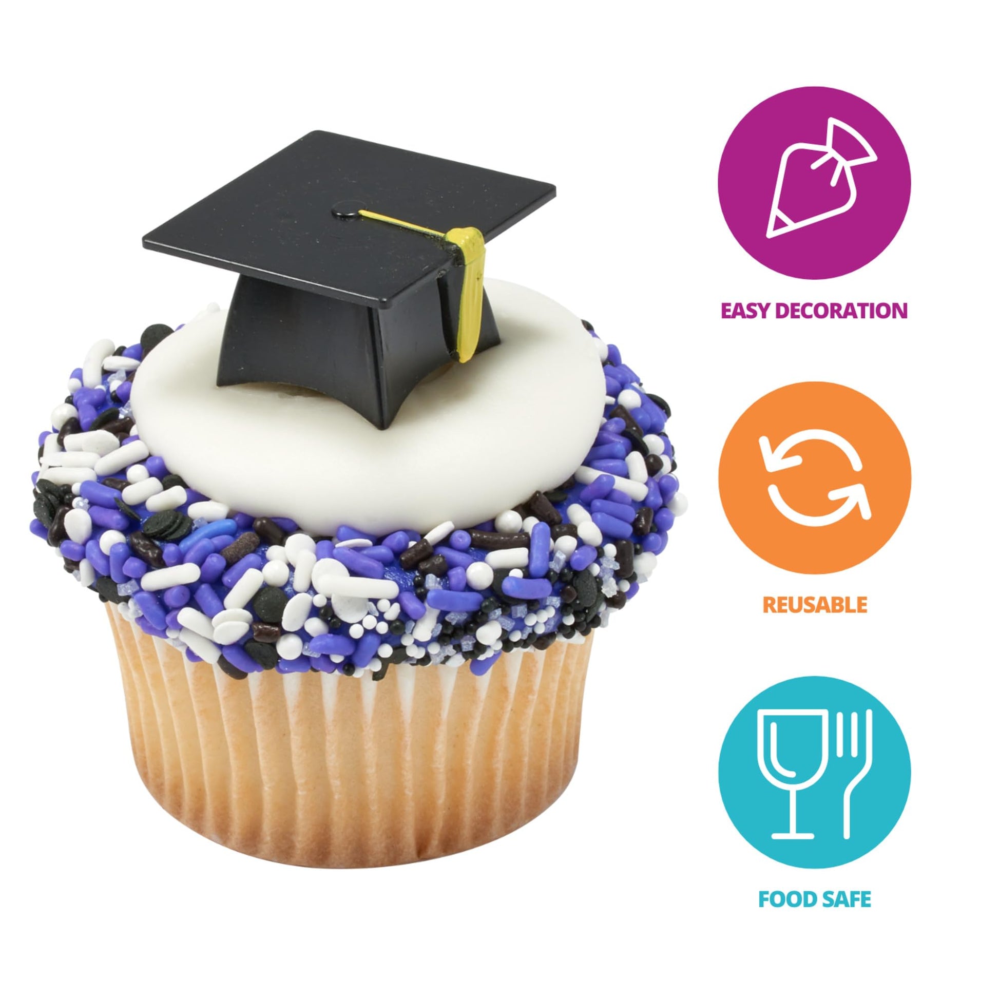 DecoPac Grad Hat Cupcake Toppers, 24 Graduation Cake Pics, Black Grad Hat DecoPics, Food Safe Cake Decorations - 24 Pack