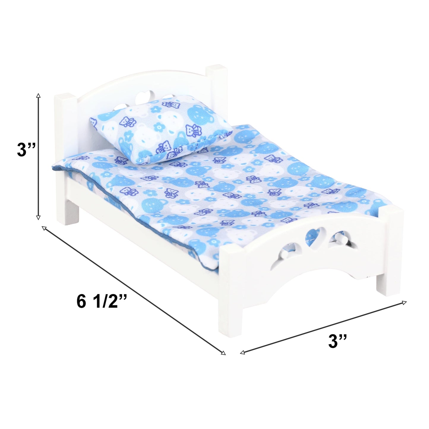 Dollhouse White Wooden Bed with Blue Bedding, 1:12 Scale Realistic Bedroom Furniture for 6 Inch Dolls