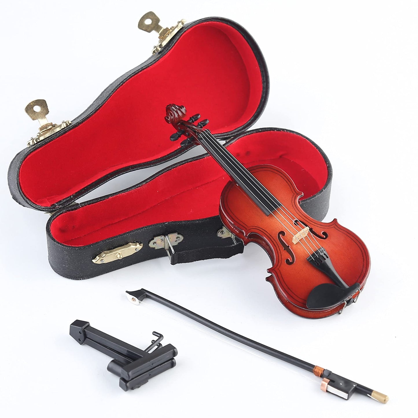 Dselvgvu Wooden Miniature Violin with Stand, Bow and Case Mini Violin Musical Instrument Replica Collectible Figurines Collection Decorative Ornament