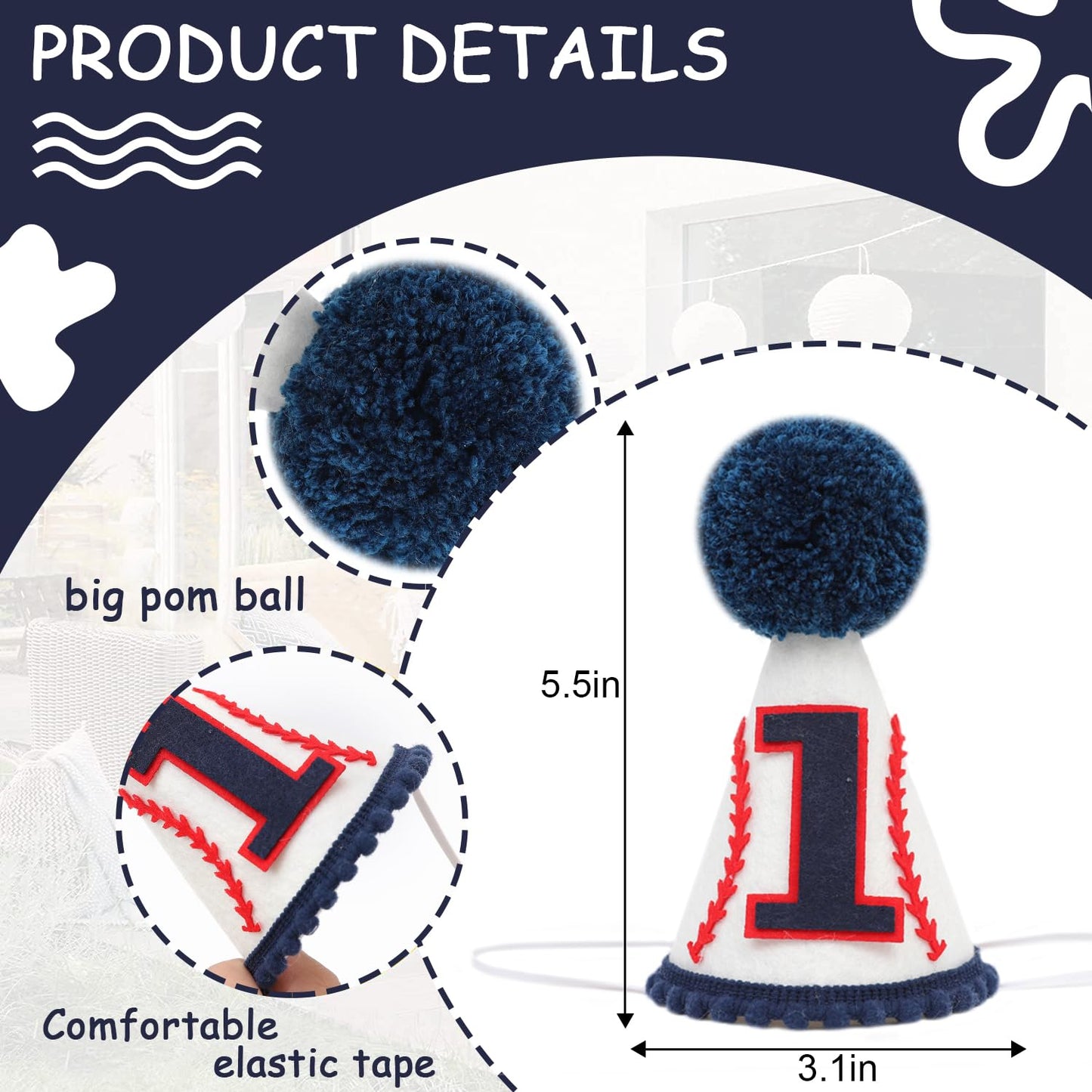 Agvgaza Baseball 1st Birthday Hat - Blue Cone Hat for Boy,Baseball Themed First Birthday Decoration, Photo Outfit One Party Theme Supplies,Sports
