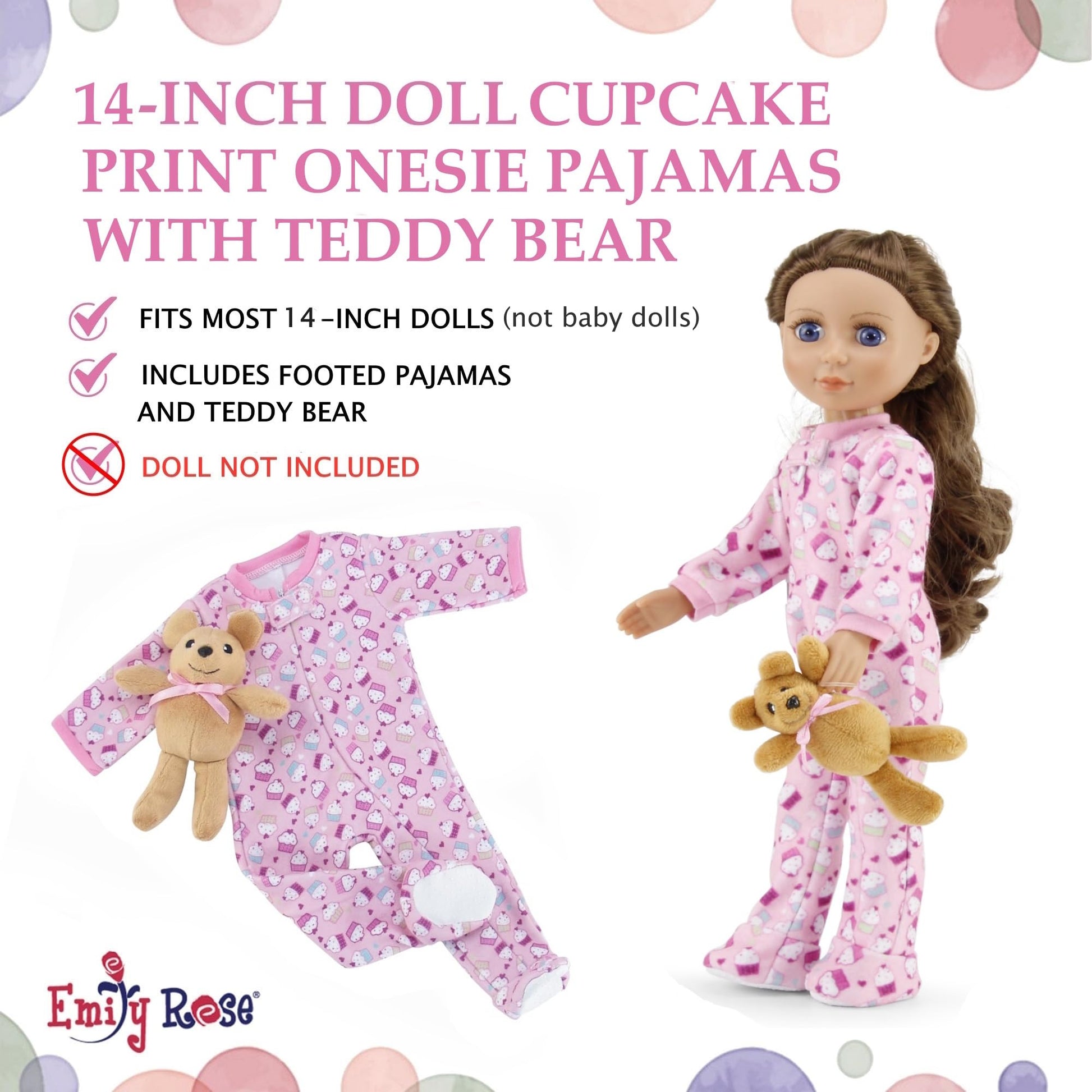 Emily Rose 14 Inch Doll Pink Cupcake Print Pajama Set Gift Boxed | USA Brand 2-Piece Sleeping Outfit with Teddy Bear Companion | Encourages Creative