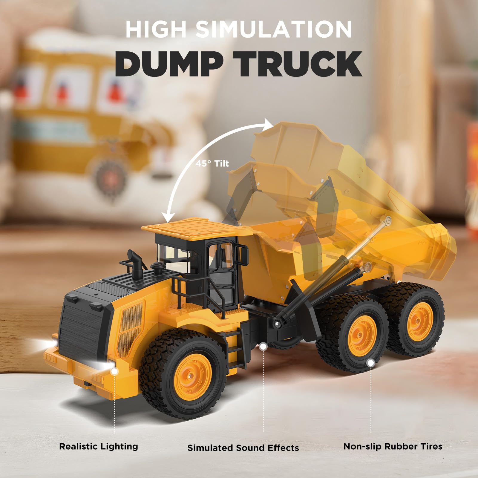 Mighty 9-Channel RC Dump Truck Toy | 1:18 Scale All-Terrain 6-Wheel Construction Vehicle with Lights & Sounds, 6 Wheels & 100-Min Battery, Remote