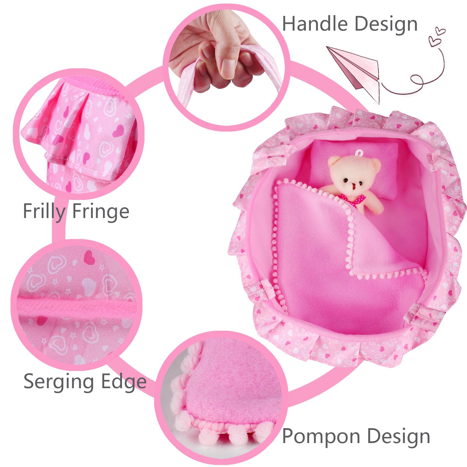 Baby Doll Cradle Bassinet Portable Doll Carrier Carry Bag Doll,Baby Doll Accessories Playset,Soft Pillow Quilt Bear,for 8-9-10-11-12 Inch Smaller
