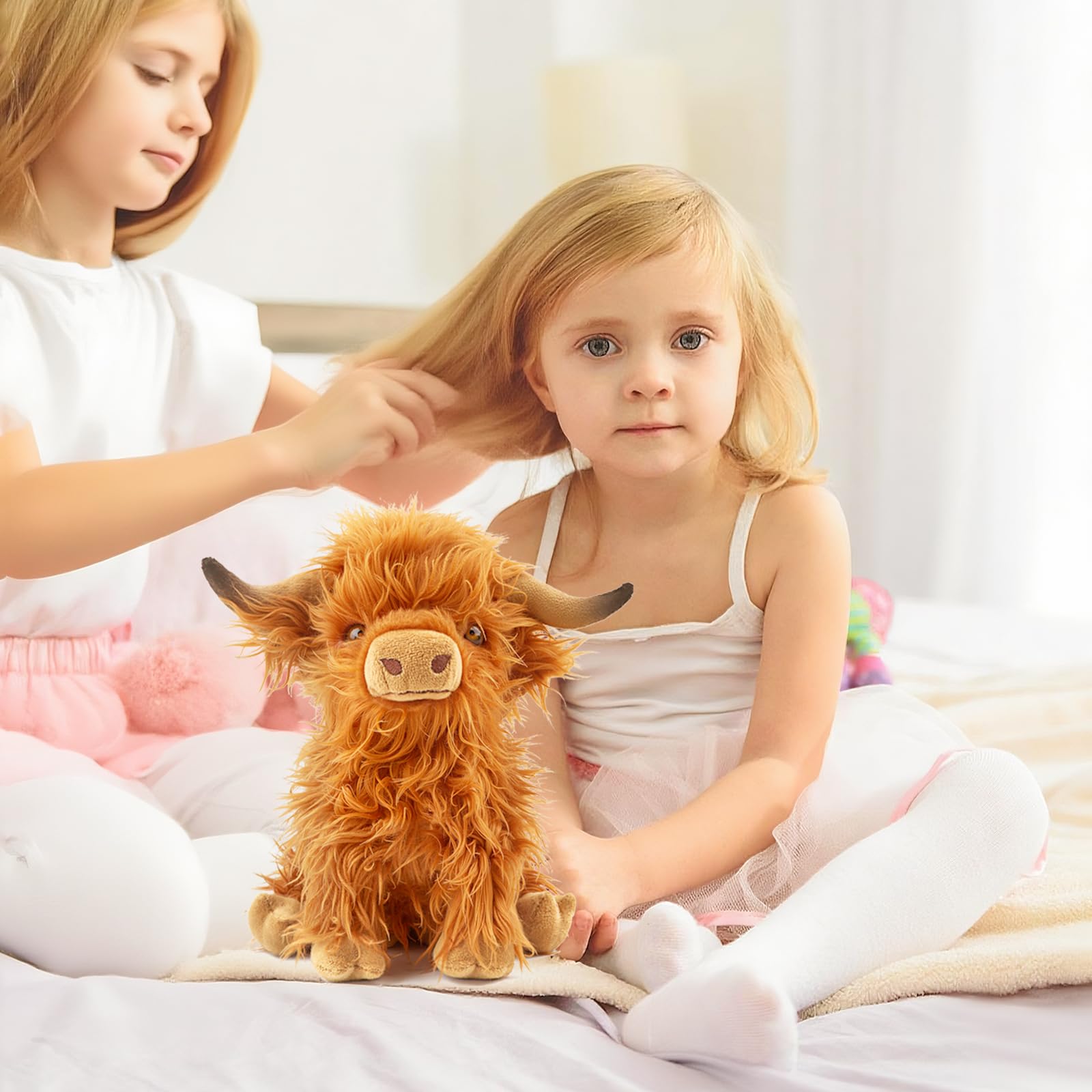 FSUGT Highland Cow Stuffed Animal Toy, Adorable Highland Cow Plush, Scottish Cow Plush Toy, Farm Animal Cattle Plush Decor Gifts for Kids Baby Girls