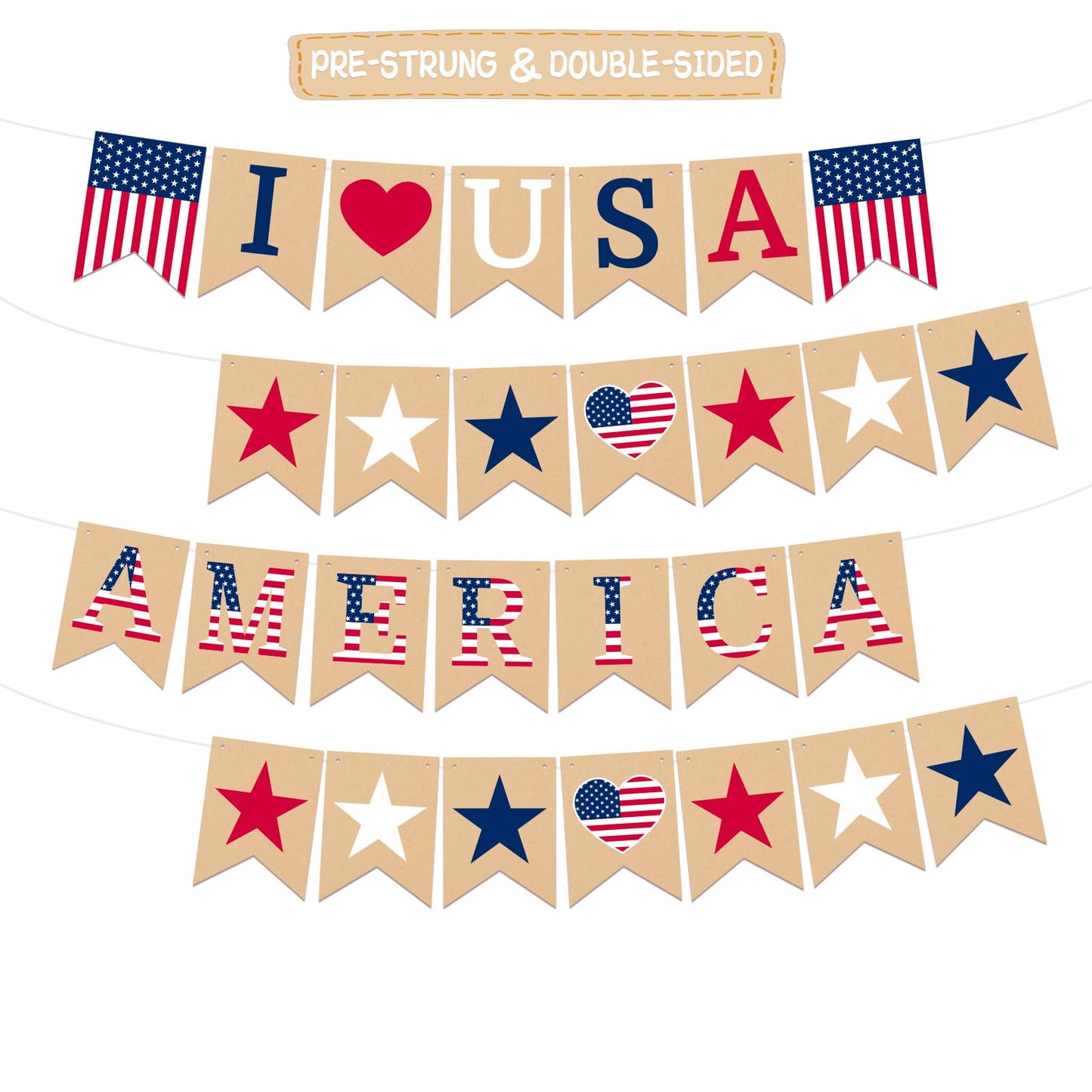 4th of July Banner Decoration, Pre-Strung Double-sided American Flag Paper Bunting, Red White Blue Independence Day Garland for Labor Day Veterans Day