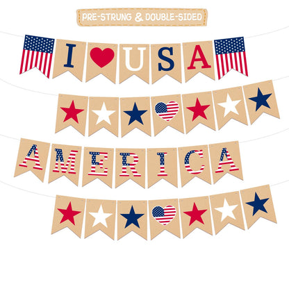 4th of July Banner Decoration, Pre-Strung Double-sided American Flag Paper Bunting, Red White Blue Independence Day Garland for Labor Day Veterans Day