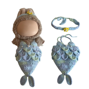 TuffSupplies Doll Clothes for Labubu - Blue Mermaid, 2pcs Handcrafted Crochet Outfit with Headband & Dress, Adorable Designer Swimsuit for 17cm Dolly