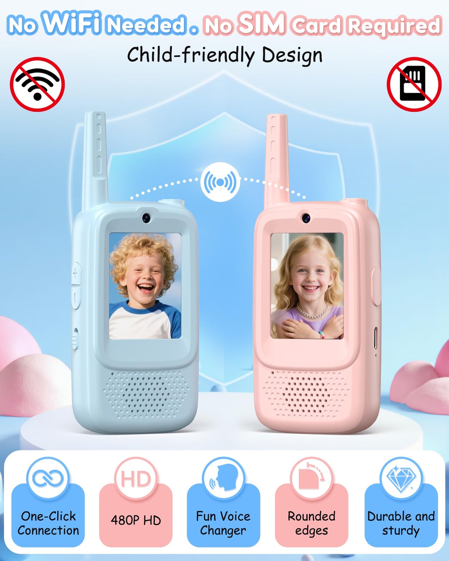 Video Walkie Talkies for Kids 2 Pack, Ready-to-Play Rechargeable Kids Walkie Talkies with 2.0" Screen, No WiFi/SIM/App, Up to 1150 Ft, Voice Changer