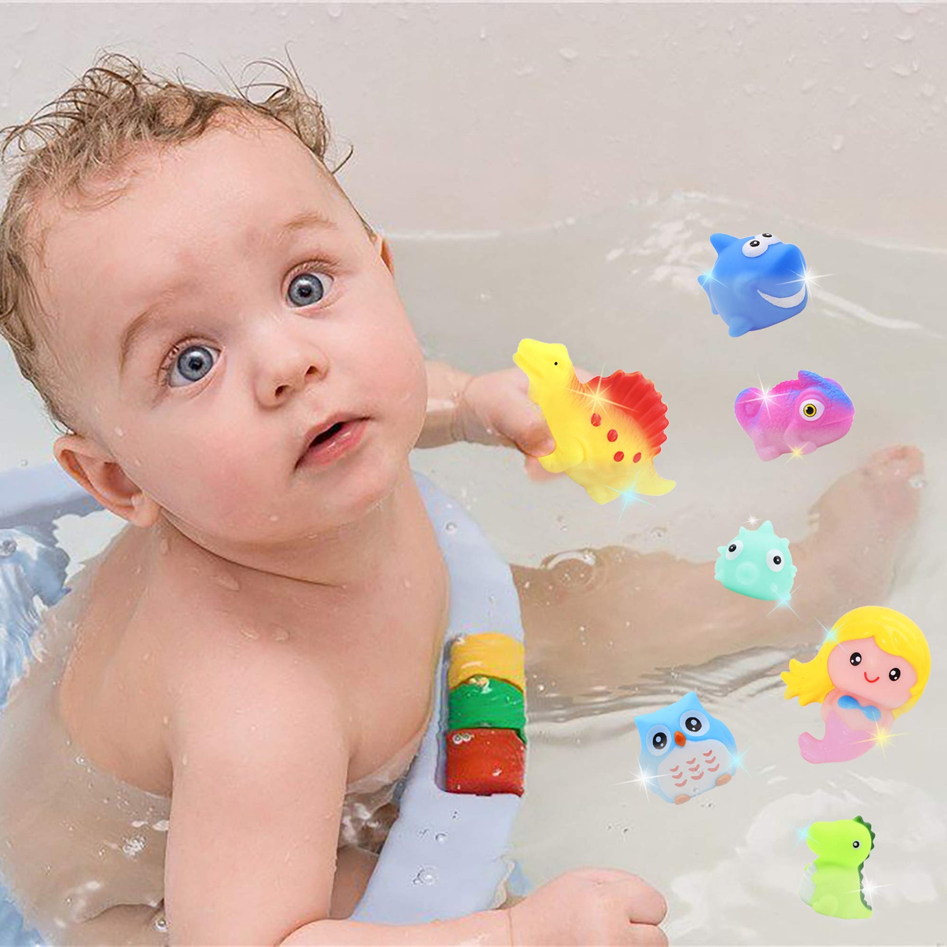 yoliyogo Animal Bath Toy Floating Auto Flashing Early Learning Toy Package with 8 Pcs Dinosaur Shark Flamingo Mermaid Etc Bathtub Shower Set Gift