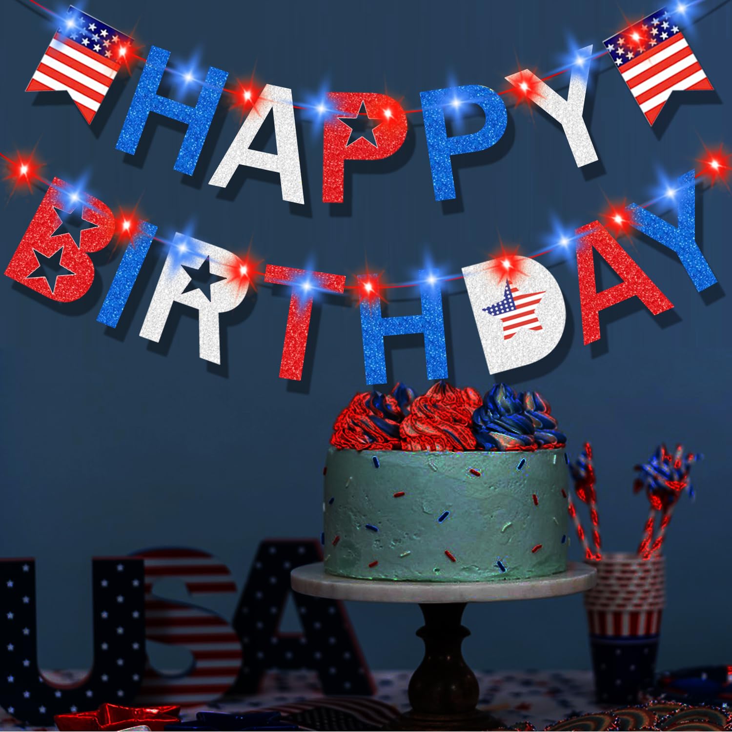 4th of July Birthday Banner with light, Happy Birthday Banner with Battery Operated Fairy String Light, 4th of July Independence Veterans Day Party