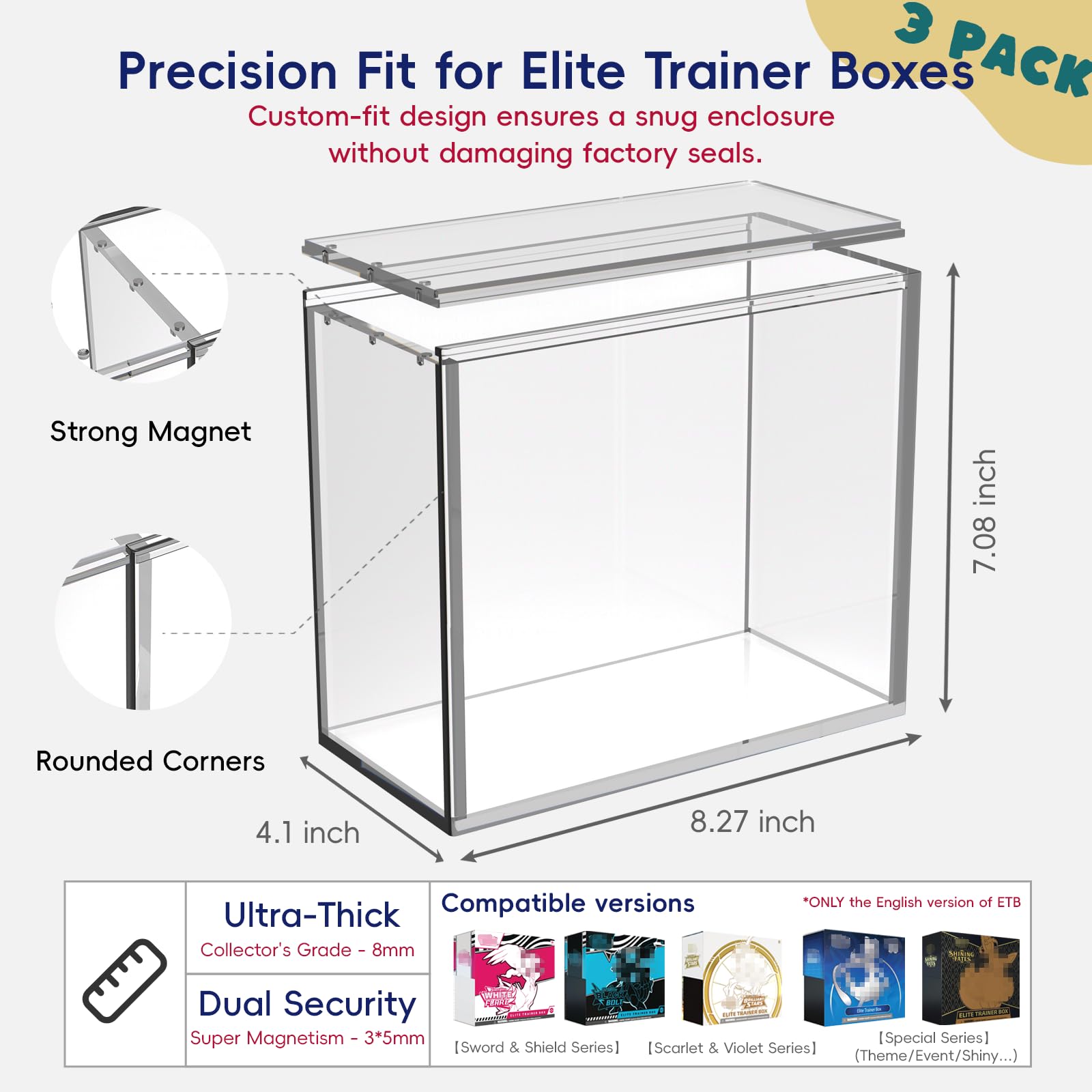 ETB Protector Case 3 Pack, ETB Acrylic Case with Sliding Magnetic Lid