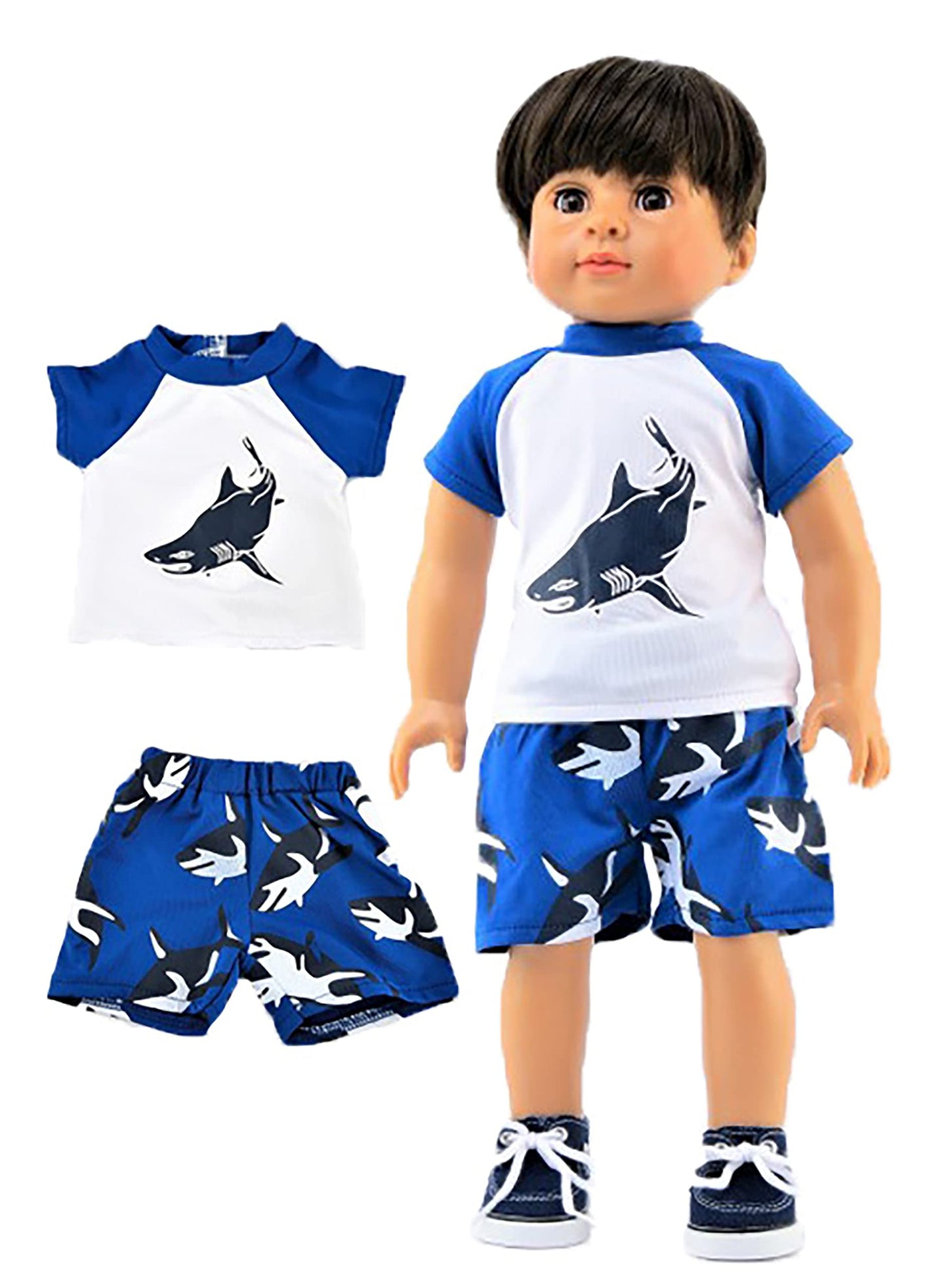 American Fashion World Shark Rash Guard and Swim Trunks Bathing Suit for 18-Inch Dolls | Accessories Included | Dolls Clothes | Outfit Fashions for