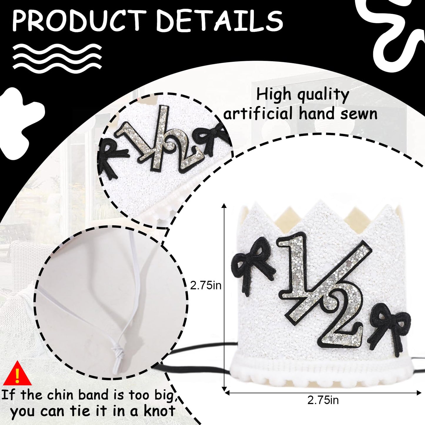YOUAME Black Bow Half Birthday Crown- Girls Bow Cake Smash Photo Props, Silver And Black Half Way To One Party Crown Decorations, Sweet Mini Hat For 6