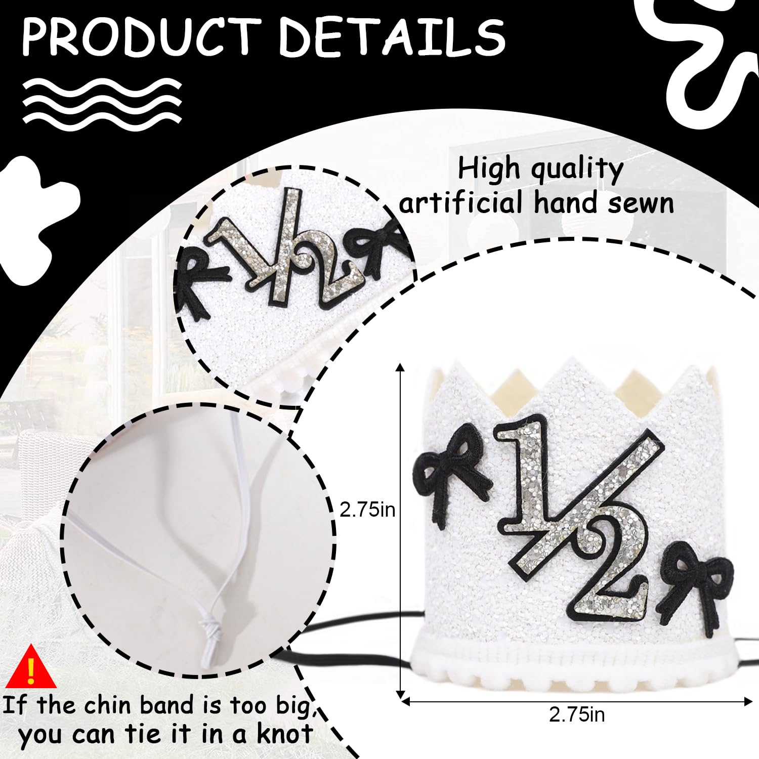 YOUAME Black Bow Half Birthday Crown- Girls Bow Cake Smash Photo Props, Silver And Black Half Way To One Party Crown Decorations, Sweet Mini Hat For 6