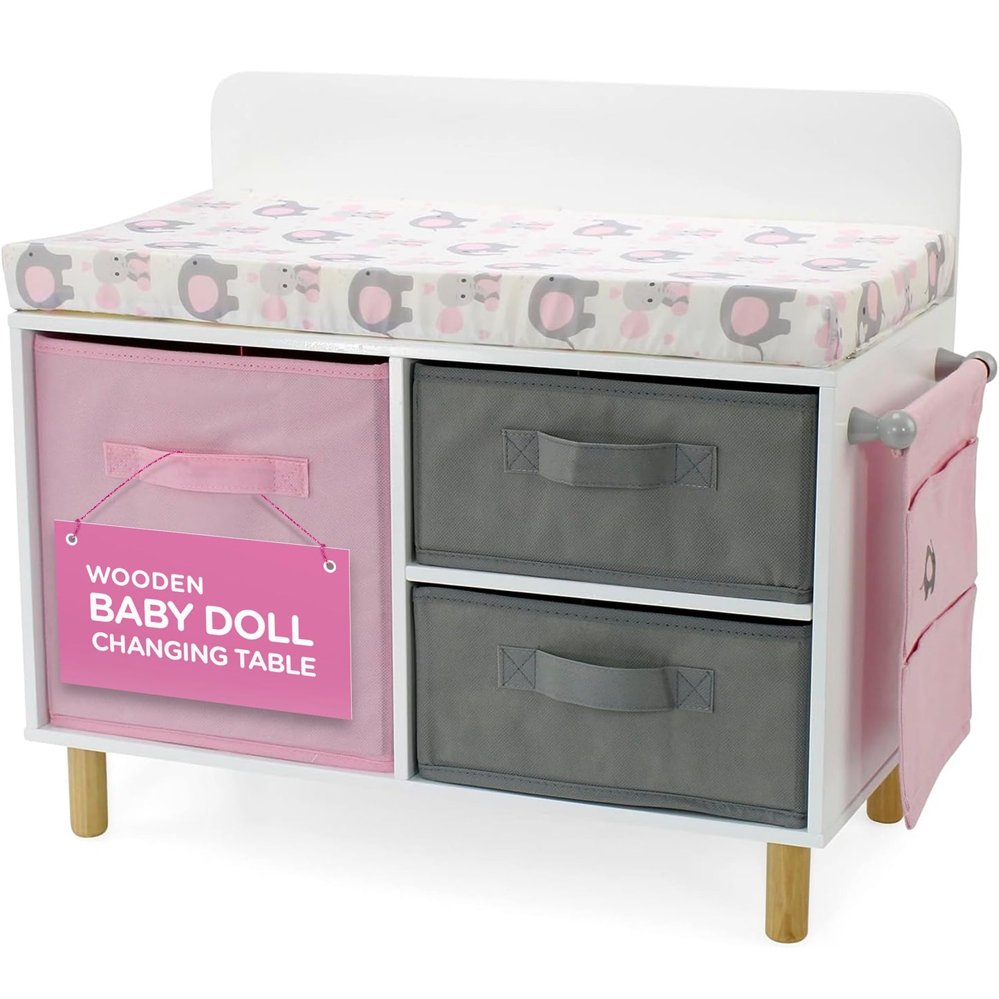 Emily Rose 14-19 Inch Baby Doll Nursery Furniture Changing Table - Elephant Theme with Large Storage Bins, Accessories Pouch & Thick Pad - Doll NOT
