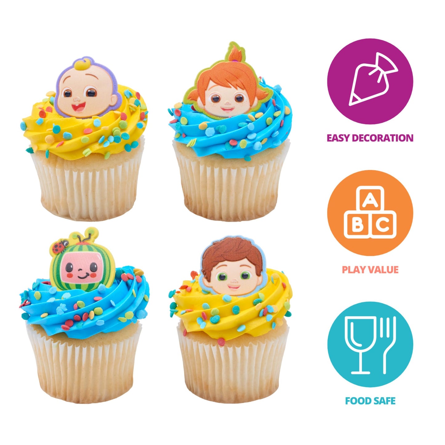 CoComelon Playtime Rings | 24 Cupcake Toppers Featuring JJ, YoYo & TomTom | DecoPac CoComelon Cake Decorations, Food Safe & Ready To Use - 24 Pack