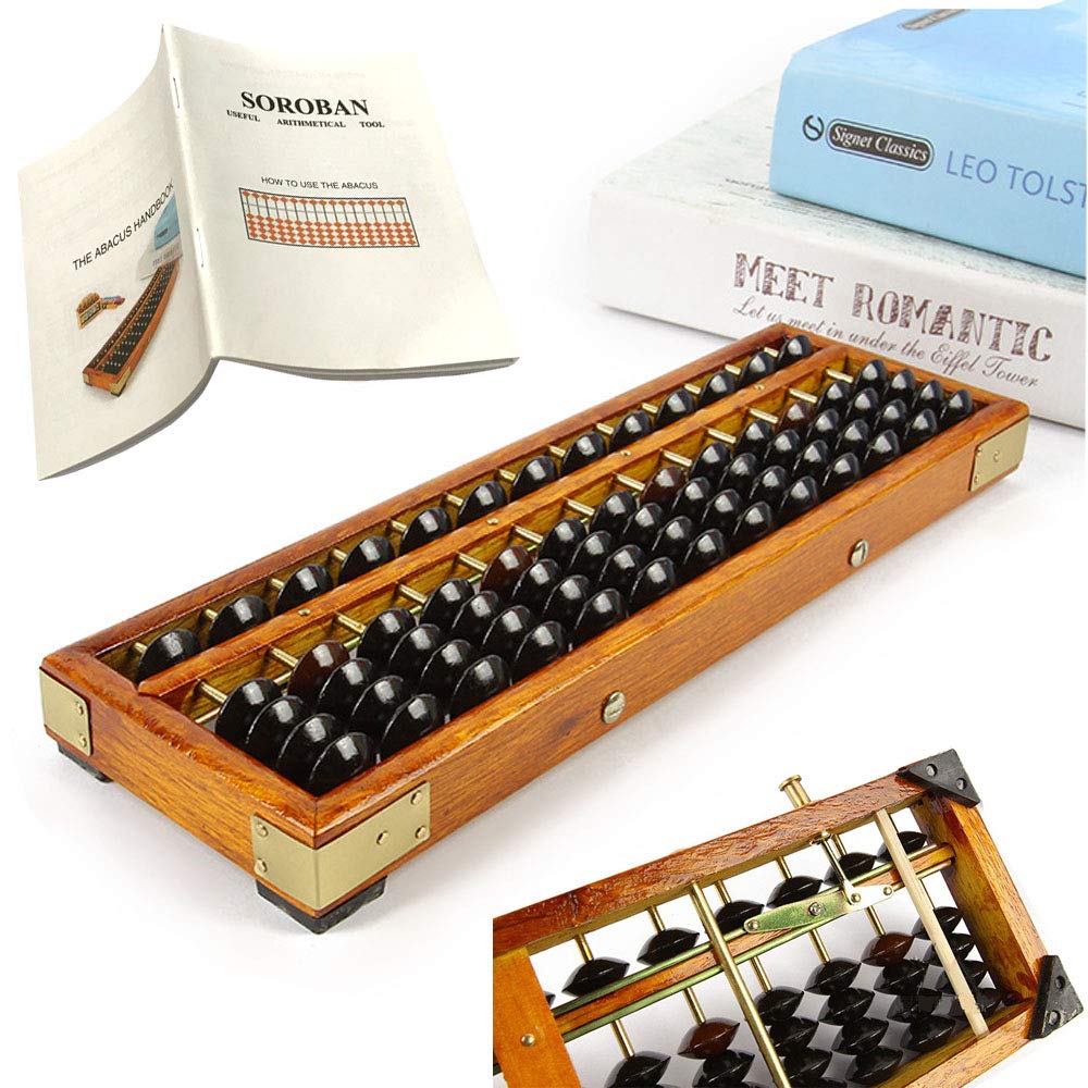 Vintage Style Wooden Abacus Soroban 13 Column(10.7 in) Math Professional Abacus for Adults Kids with Guide Handbook and Reset Button, Anti-Skid Rubber