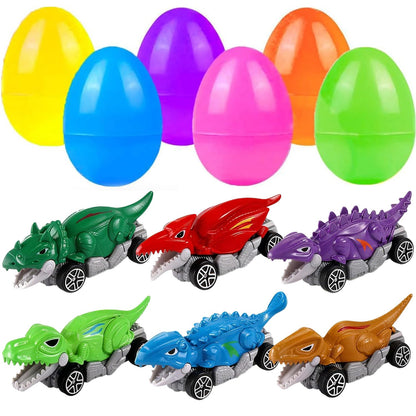 Dufricen 6 Pack Prefilled Easter Eggs with Metal Dinosaur Car Toys Vehicles Set for Toddlers Kids Easter Egg Fillers Hunt Basket Stuffers Party Favors