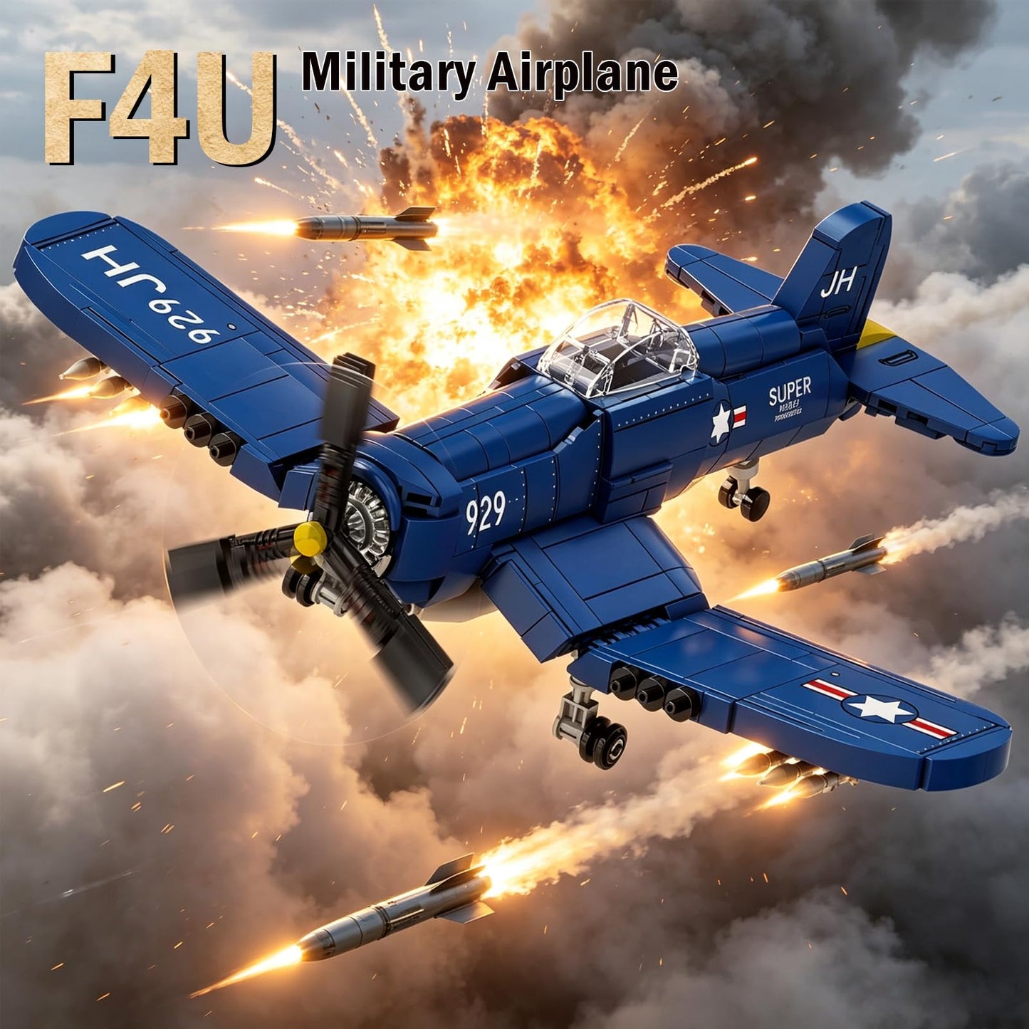 Vziimo WW2 Military Airplane Building Set, F4U Corsair Fighter Jet Models Kit, Aircraft Airplane Building Set for Teens Adults 14+ (562Pcs)