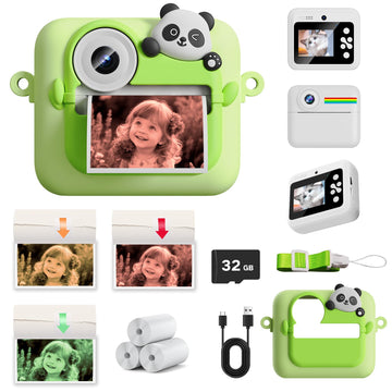 Kids Camera Instant Print with Color Printing Paper and Protective Case 32GB Card, Front Rear Dual Selfie Kids Camera with 1080P Videos, Christmas