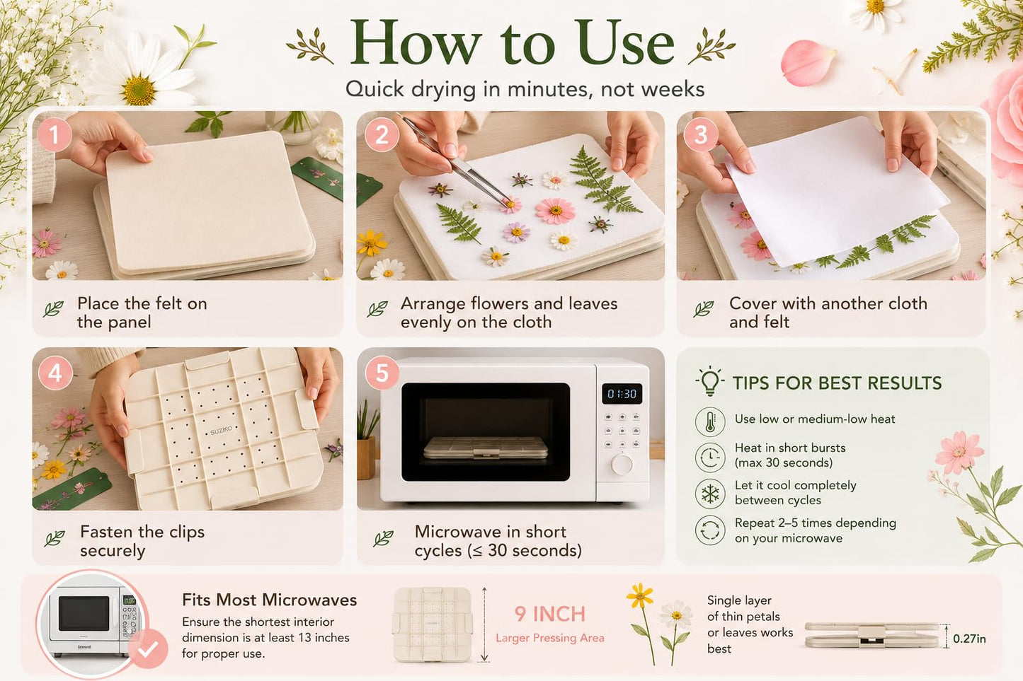 Suziko 9 Inch Microwave Flower Press Kit with Photo Frame - Quick Dry Flower Pressing Machine with Reusable Fabric, Ideal Gift for Flower Lovers