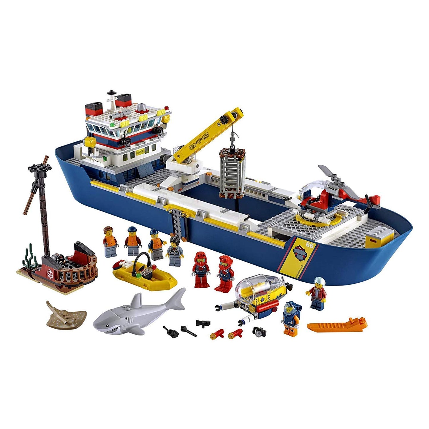 LEGO City Ocean Exploration Ship 60266, Toy Exploration Vessel, Mini Helicopter, Submarine, Shipwreck with Treasure, Lifeboat, Stingray, Shark, Plus 8