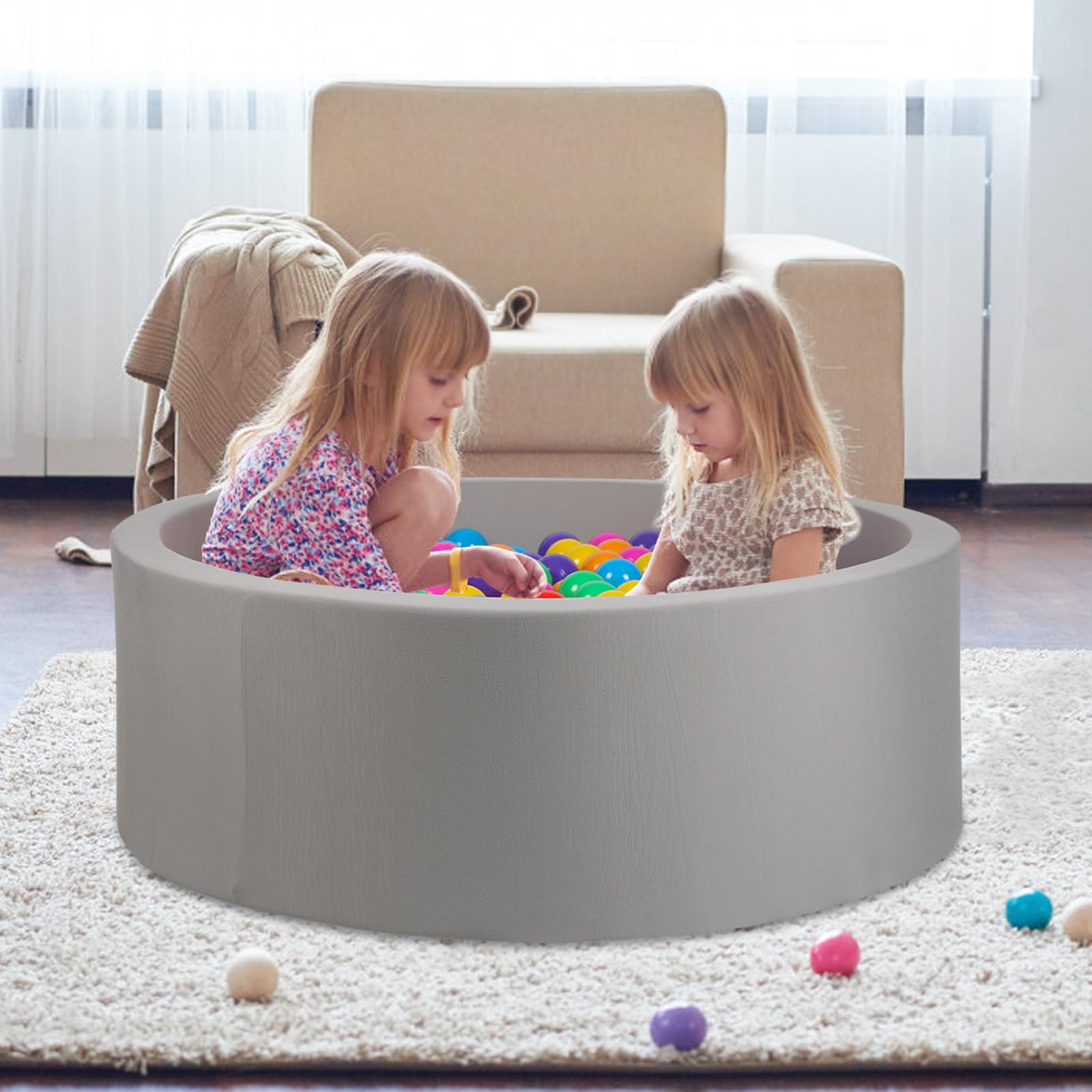 COZYTRAUM Foam Ball Pit with Velvet Cover, 35x12 Inch Round Grey Play Pool for Toddlers,Ideal Gift for Kids Indoor Outdoor Game, Balls Not Included
