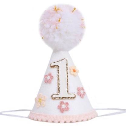 YOUAME Boho Daisy Flower Birthday Party Hat For Girls - Floral First Birthday Decorations, Boho Daisy Felt One Year Cone Hat, Groovy Flower Cake Smash