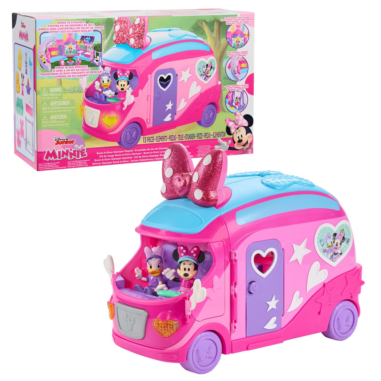 Disney Junior Minnie Mouse Bows-A-Glow Glamper Playset, Light-Up Camper RV, Working Headlights & Sounds, 2-Foot Wide Playset, Minnie & Daisy Figures